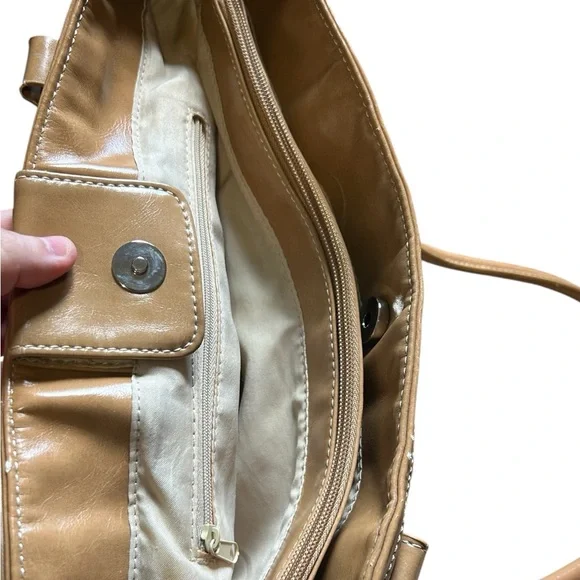 Woven Multicolor Straw Tote Bag Tan Faux Leather Handles Shoulder Purse - Picture 10 of 16